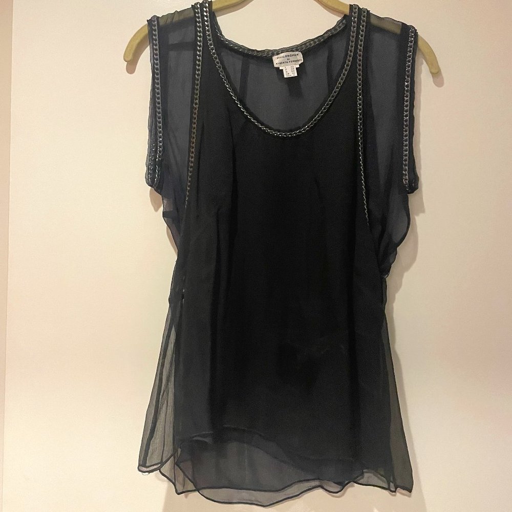 ALBERTA FERRETTI CHIFFON NAVY BLOUSE WITH CHAIN DETAIL